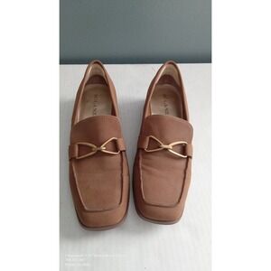 Solanz Brown Square Toe Loafers Gold Hardware Block Heel Slip On Shoes